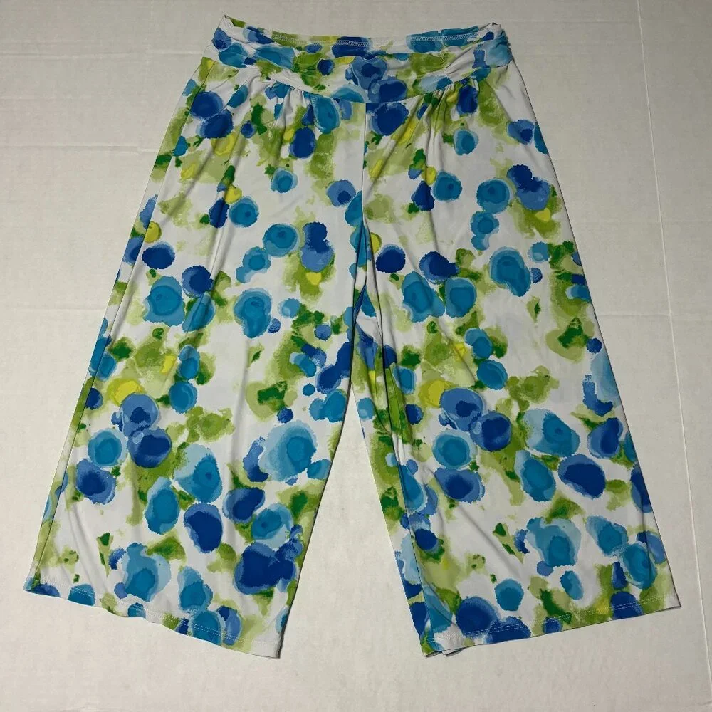 Alfani Intimates Wide Leg Lounge‎ / Sleep Pants Size M Blue Green Print Stretch